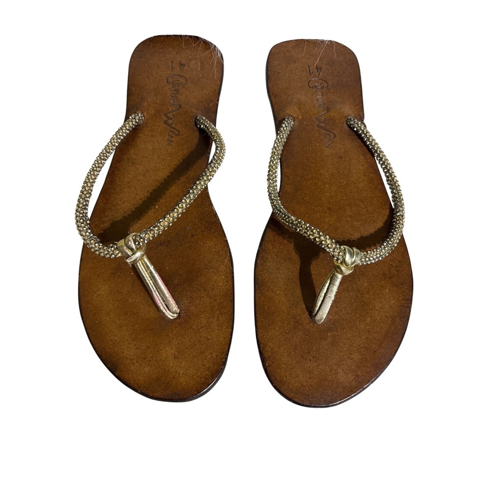 Culture Wean Gold Beaded Thong Sandals Brown Leather Flip Flops